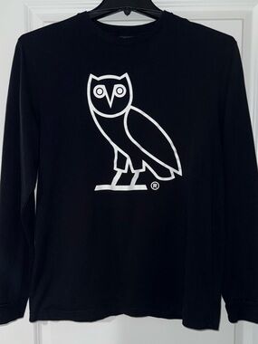 Octobers Very Own Black Men's Long-Sleeve Sweater with White Owl Logo OVO